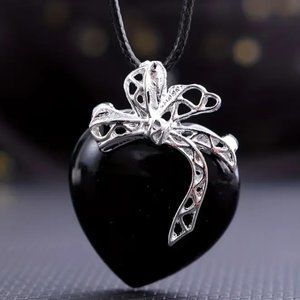 Black Obsidian Natural Gemstone Love Heart Bow Knot Pendant Necklace Gemstone